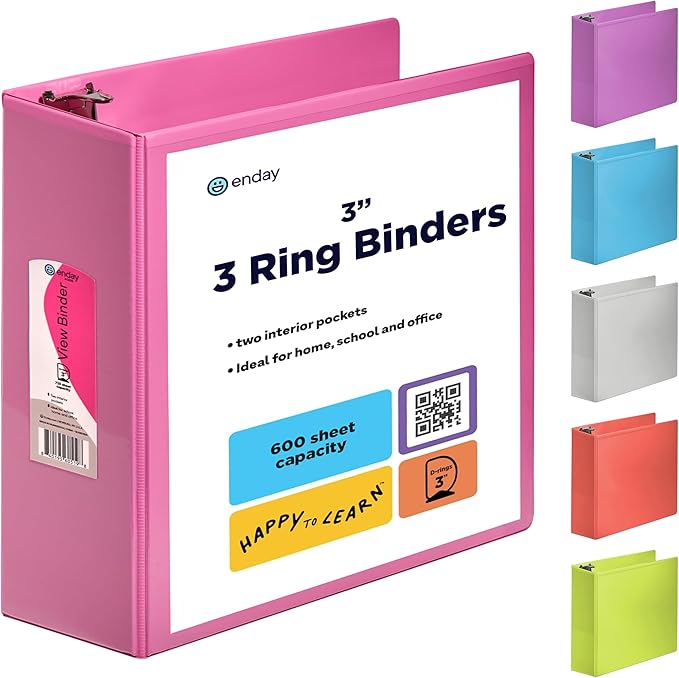 3 Inch 3 Ring Binder Pink, Slant D-Ring 3” Clear View Cover with 2 Inside Pockets, Heavy Duty Colored School Supplies Office and Home Binders – by Enday