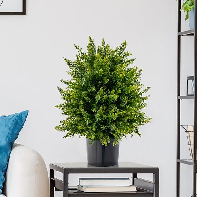 Goplus 21.5” Artificial Cedar Topiary Ball Tree, Set of 2 Faux Potted Plants Artificial Shrubs Bushes with Cement Pot, Fake Evergreen Artificial Topiary for Indoor Outdoor Home Front Porch Decor