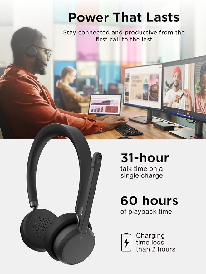 Lenovo Wireless Stereo Headset, Noise Cancelling Mic, Bluetooth 5.3 Multipoint, 31-Hour Talk & 60-Hour Playback, Lightweight 138g, Replaceable Earcups Over-Ear Comfort, Gaming, Office, & PC Use