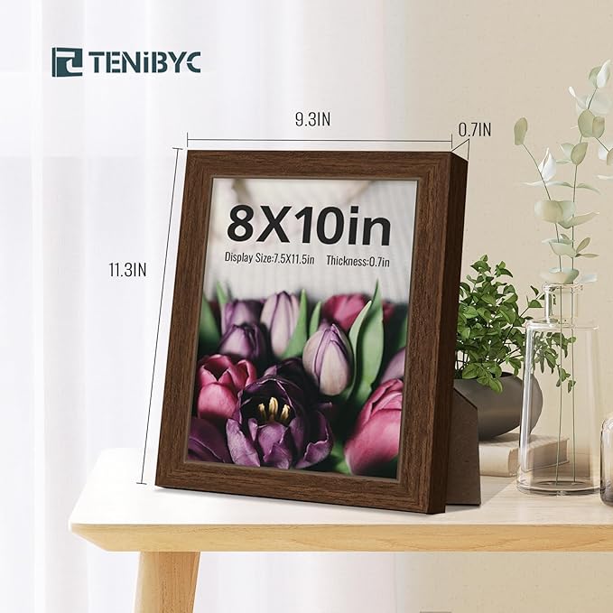 8x10 Picture Frame Set of 4, Brown Wood Grain, HD Tempered Glass, 8 x 10 Photo Frame, Table or Wall Display, Office Decoration