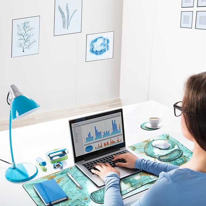 ARTSO Large Mouse Pad Set, Ergonomic Keyboard Wrist Rest Support, Memory Foam Gel Extended Non-Slip Desk Blotter Pad for Office, Home, Teal Turqoise Marble