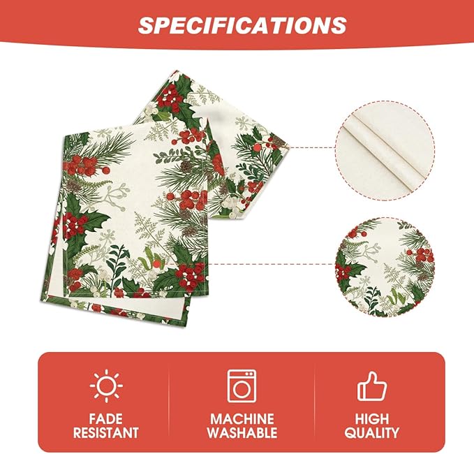 Artoid Mode Holly Pine Cone Christmas Table Runner, Seasonal Winter Kitchen Dining Table Decoration for Home Party Decor 13x108 Inch