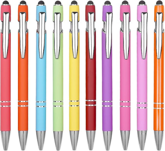 Ballpoint Pen Metal Soft Stylus Pen for Touch Screens，Retractable Tactile Turn Pen，Bulk Pens for Gifts Office Essentials，Medium Point，Black Ink (10 Bright Color)