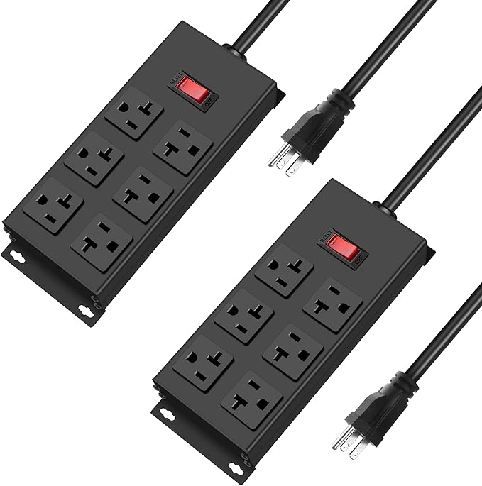 JUNNUJ 20 Amp Power Strip Heavy Duty 2 Pack, Garage 6 Outlets Metal 12 Gauge Surge Protector 3000J, High Amp 5-15P Adapter Shop 6-20R T-Slot Industrial (6AC 2-Pack, 6FT)