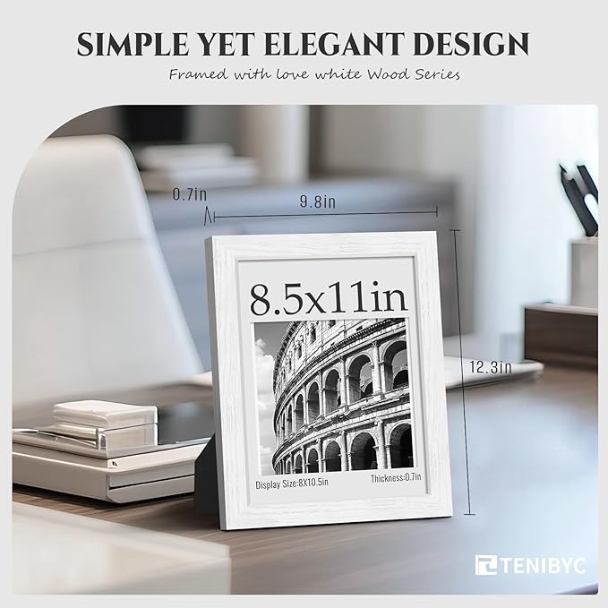 8.5x11 Picture Frame 4 Pack - White Solid Wood Poster Photo Frame - Tempered Glass - Woodgrain Series - Room, Office, Gallery, Studio Display - Tabletop & Wall Hanging