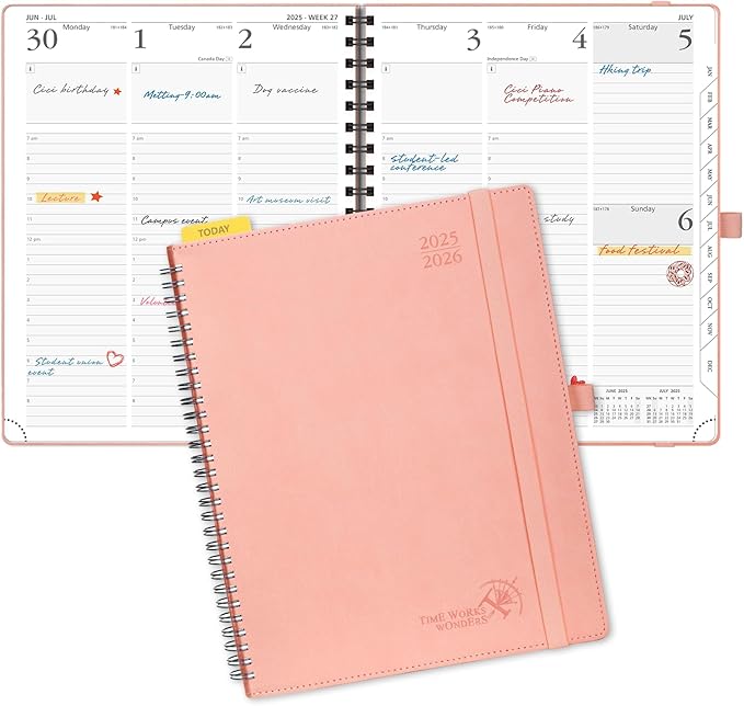 POPRUN Planner 2025-2026 (Large - 8.5'' x 10.5'') Academic Weekly Calendar (July 2025 - June 2026) with Hourly Time Slots, Monthly Tabs, 100GSM Thick Papers, Spiral Leather Cover - Pink