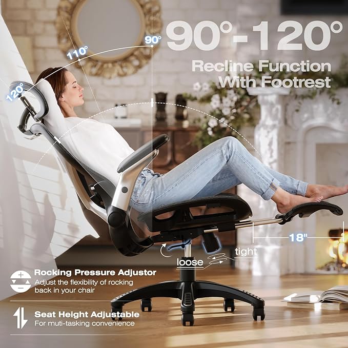 ELABEST X100 Ergonomic Office Chair with Footrest, Big and Tall Home Desk Chair with 5D Flip-Up Arms, Adjustable 3D Lumbar Support,High Back Rolling Computer Chair, Swivel Mesh Chairs (Midnight Mist)