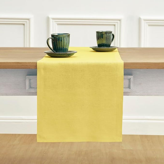 Solino Home Linen Table Runner 48 Inches - 100% Pure Linen Sunshine Yellow Table Runner 14 x 48 Inch Ideal for Dresser and Coffee Tables - Fete