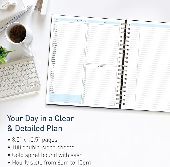 S&O Undated Daily Planner for Organization, Spiral Logbook with Hourly Schedule, Everyday Workbook Undated Diary- Routine To Do List Journal, Work Calendar Organizer Notebook, 200 Pages, 9” x 10.75”