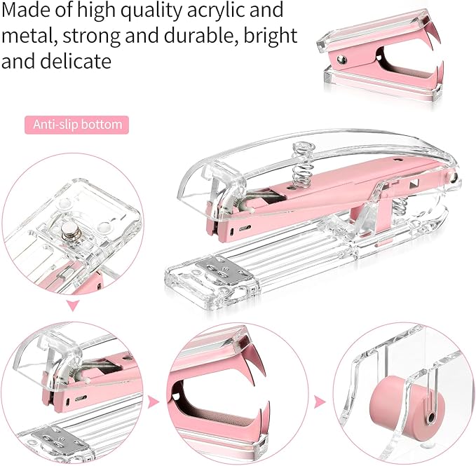 Office Supplies Set Desk Accessory Kit, Acrylic Stapler Set Staple Remover, Tape Dispenser, Binder Clips, Paper Clips, Ballpoint Pen and Scissor with 1000 Pieces 26/6 Staples (Pink)