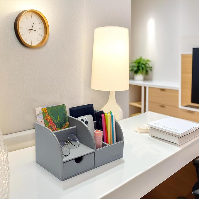 UnionBasic Desk Organizer - Multifunctional Leather Desktop Pen Holder Storage Box - Business Card/Pen/Pencil/Mobile Phone/Stationery Holder, Grey