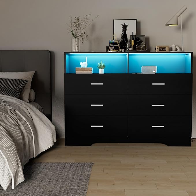 Dresser with Power Outlets and LED Lights Wooden 6 Drawer Dresser with Large Organizer Tall Black Drawer for Bedroom Modern Chest of Drawers Closet for Living Room Kids Room