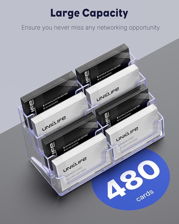 Uniclife 4 Pack Acrylic Business Card Holder for Desk 8 Slots Clear Business Card Display Stand for Men & Women Desktop Business Card Organizer Card Stand for Office Home Exhibition, 480 Card Capacity