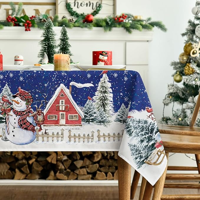 Horaldaily Christmas Tablecloth 52×70 Inch Rectangular, Winter Snowman House Christmas Trees Blue Washable Table Cover for Party Picnic Dinner Decor