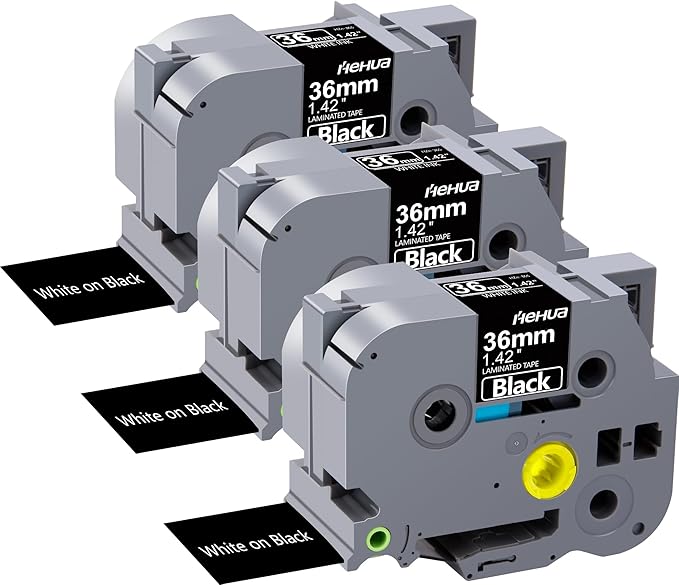 Hehua Tze Tz Tape 36mm 1.4 inch Laminated Black Tape Compatible for Brother P-Touch TZe-365 TZe365 TZ-365 TZ365 Label Tape for Ptouch PT 3600 530, 1.4'' x 26.2ft White on Black, 3 Pack