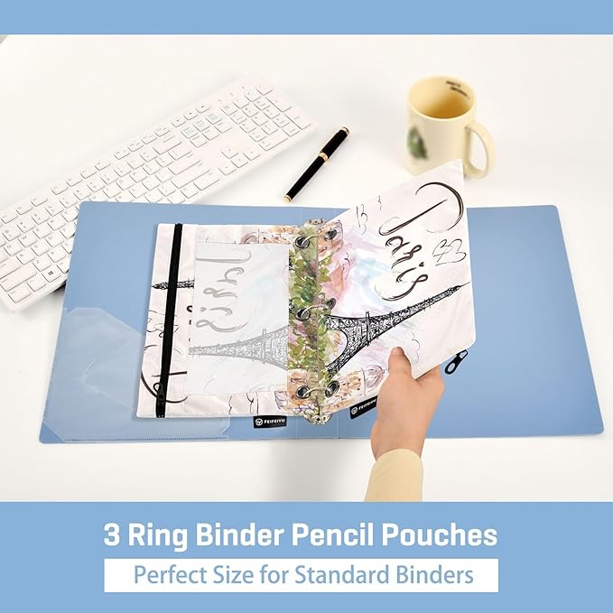 ZAZYXTJ Eiffel Tower Binder Pencil Pouchs 3 Ring with Zipper Clear Window Office Organizers bag for School Students Teacher Supplies 2 Pack