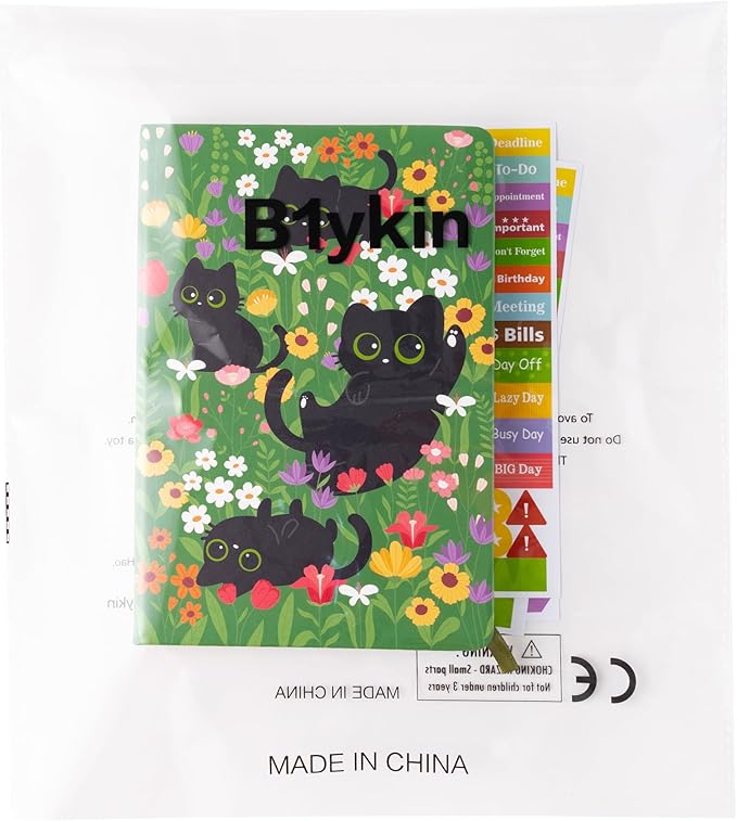 B1ykin Hardcover Ruled Journal Notebook with Planner Stickers, 196 Pages PU Leather Journal Notebook Journals Diary Notepad for Writing Travel Business Work School College Taking (Black Cat Floral)