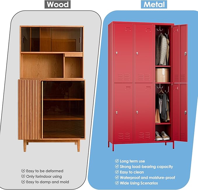 6 Doors Metal Locker with Business Card Holder and 18 Hooks,Metal Locker for Employees with Ventilation Holes for School Garage Office Gym Home,Assembly Required,Red