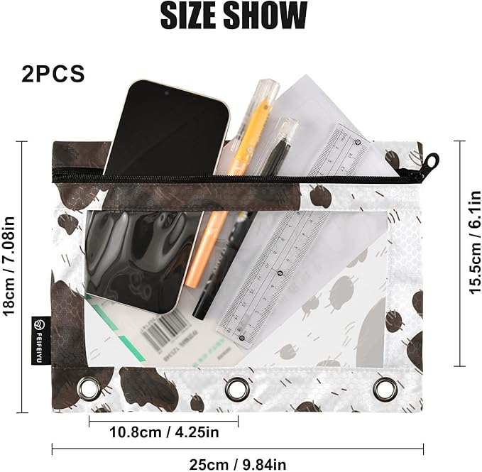 ZAZYXTJ Cow Print Binder Pencil Pouchs 3 Ring with Zipper Clear Window Office Organizers bag for School Students Teacher Supplies 2 Pack