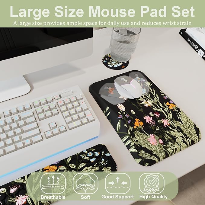 Ospelelf Ergonomic Keyboard Wrist Rest and Large Mousepad with Wrist Rest Support for Computer, Gaming, Flower