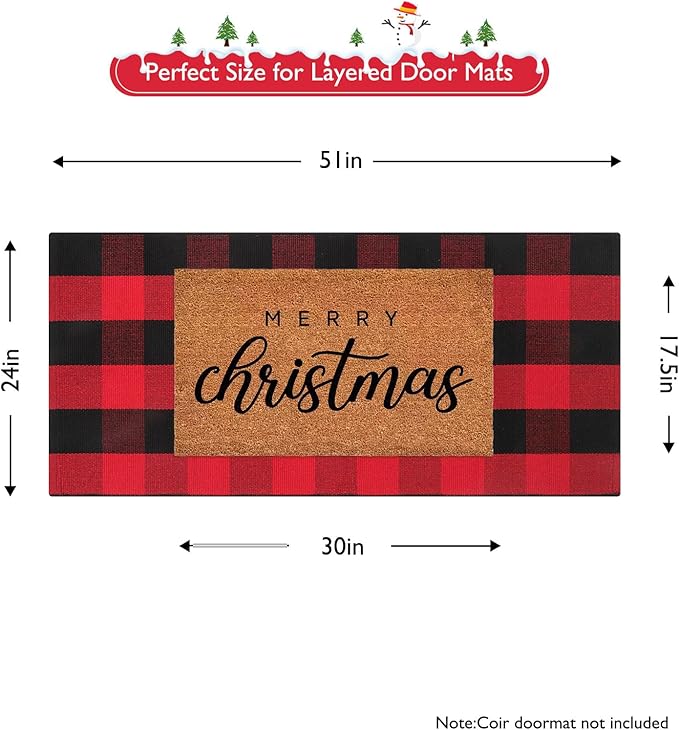 Christmas Door Mats Outside 24"x 51", Red/Black Buffalo Plaid Outdoor Rug Washable Cotton Hand-Woven Front Door Rug, Checkered Reversible Layered Door Mat for Porch,Entryway