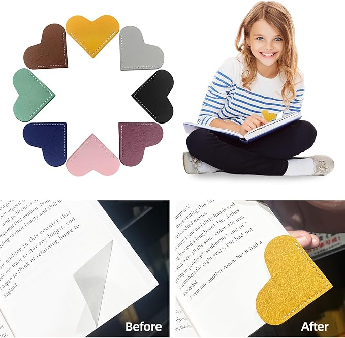 16Pcs Leather Heart Bookmarks,Cute Corner Page Book Marks,Book Accessories for Kids Women Book Lovers Teachers,Handmade Reading Gifts (16 PCS)