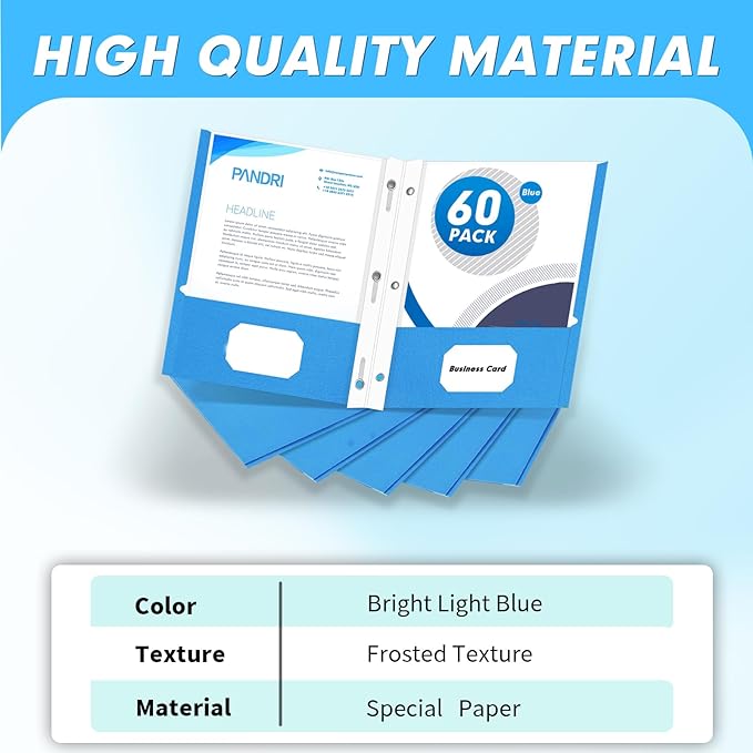 Two Pocket Folders, PANDRI 60 Pack Two Pocket Folders with Prongs, 3 Prong Folders Designed for Office and Classroom, Letter Size Lightblue