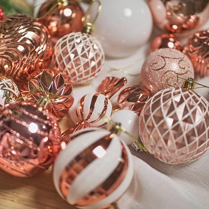 Christmas Ball Ornaments Set Assorted Shatterproof Ornaments 63 PCS Shaped Styles Xmas Tree Holiday Decorative,Rose Gold