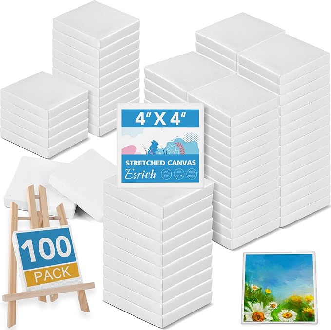 ESRICH Mini Canvases for Painting, 4x4In Canvas in Bulk 100 Pack, 2/5In Profile Small Square Canvas, Blank Canvases are Great for School Projects and Kids Birthday Parties, Home Decor Project.