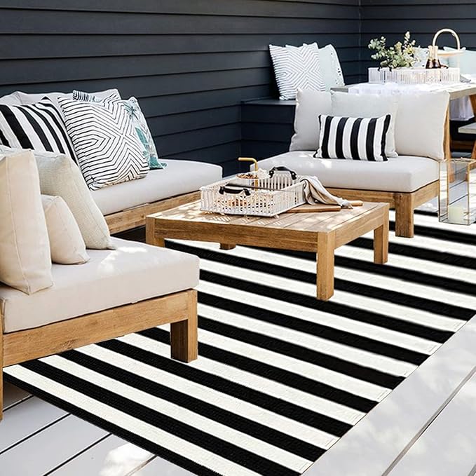 CAINANEL Black and White Area Rug 5' x 7' Indoor Outdoor Rug Hand Woven Farmhouse Striped Rug Outdoor Reversible Mat for Front Porch/Dining Room/Bedroom/Kitchen/Living Room Rug