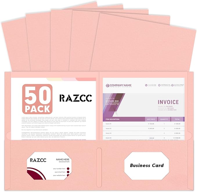 Two Pocket Folders, RAZCC 50 Pack 2 Pocket Folders Fit Letter Size Paper, Paper Folders with Pockets for School Office Business Home (Pink)