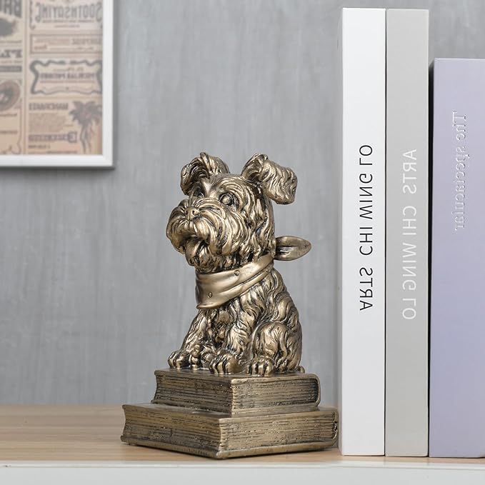 Vintage Antique Gold Dog Bookends,Decorative Book Ends for Shelves,Creative Resin Schnauzer Statues Book Holders for Desk Home Office Bookshelf Decoration,Gifts for Dog Enthusiasts
