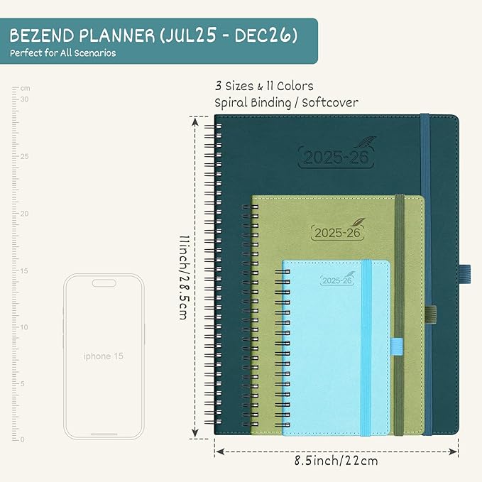BEZEND 2026 Planner Weekly and Monthly (8.5" x 11") Daily Calendar Book with Tabs (Jul 25-Dec 26) Vertical Hourly Timeslots, Storage Pocket, Pen Holder, Spiral, PU Leather Softcover - Turquoise