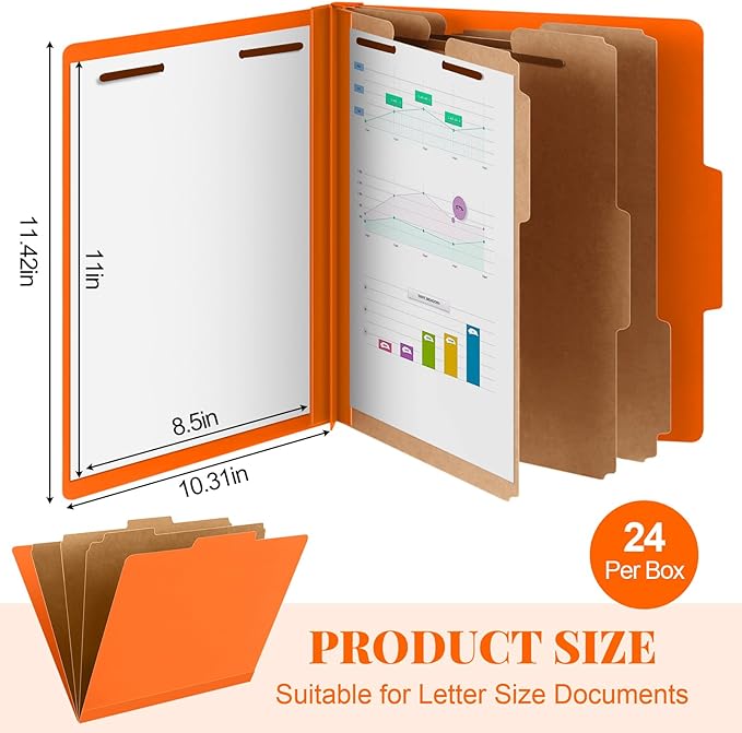 Skyygemm 24 Pcs Classification Folders Letter Size, 3 Divider Pressboard File Folder with Fasteners, Expanding File Organizer Bulk for Teachers, Clergy, Office, Church, Christmas Donations (Orange)
