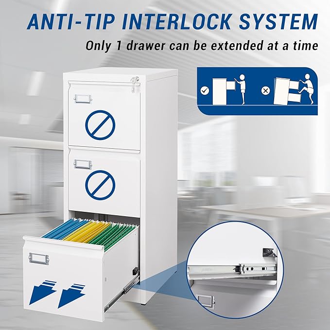 3 Drawers Vertical File Cabinets - 17.8" Deep Lockable Filing Cabinet - White Metal Storage Cabinets for Home Office to Hanging Files Letter/Legal/F4/A4 Size