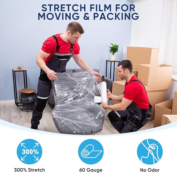 TICONN 2Pk Stretch Wrap Stretch Film Roll, 1000ft Industrial Strength 15 inch Wide Clear Plastic Wrap with Handles for Pallet Wrapping Shipping Moving