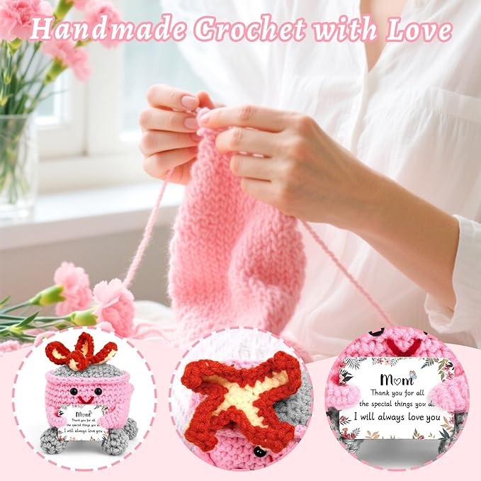 7 PCS Birthday Gifts for Mom from Daughter Son, Cute Handmade Emotional Support Dumpster Fire Crochet, Funny I Love You Mom Thanks You Gift, Mama Mother in Law Gifts