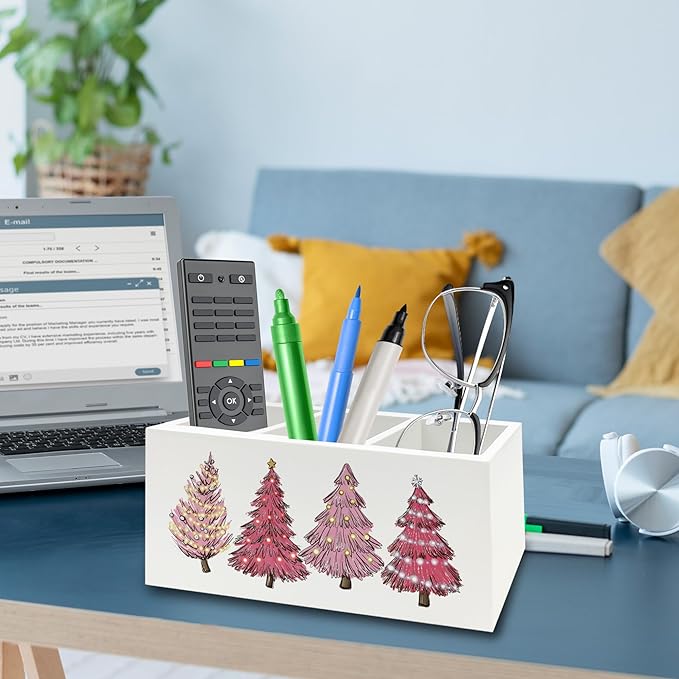 Pink Christmas Tree Pen Pencil Holder Organizer for Desk, Preppy Girly Xmas Holiday Wooden Box Signs Decorations for Girls Room Home Office Desk Tabletop, Girly Christmas Decor