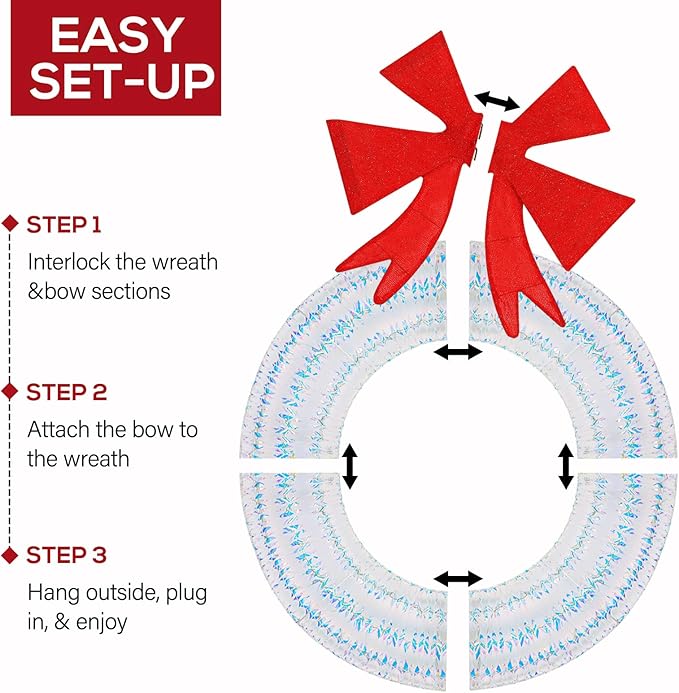 Hykolity 48 in. 3D Lighted Outdoor Iridescent Christmas Wreath with Red Bow, 140 LED Lights Christmas Wreath for Holiday, Garden, Porch Decoration