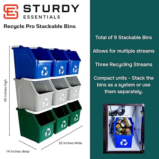 Multi Recycling System with Three Stackable 5 Gallon Bins to Build Your Recycling Center for Offices, Homes, Garages, Businesses - (9 Pack, Blue/Grey/Green)