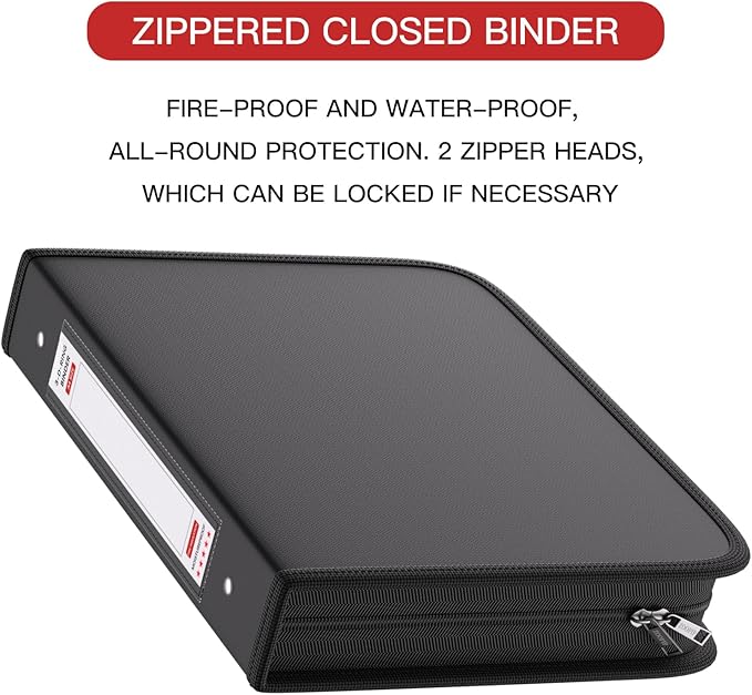 Fireproof 3 Ring Binder with Zipper, 2.5 Inch D Rings Hold up 650 Sheets of 8.5" x 11" (A4), Compatible with Clear Page Protectors, Built-in net and Pen Holder (1 Pcs, Black, 2.5")