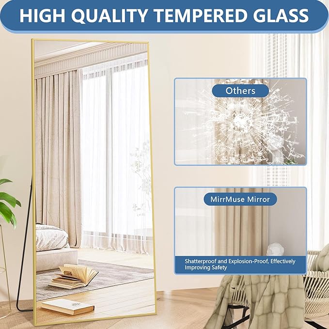 Full Length Mirror with Stand 76"x34" Extra Large Gold Floor Mirror, Rectangle Standing Mirror for Living Room Bedroom Cloakroom Gym, Thin Aluminum Frame, Tempered Glass