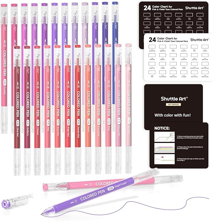 Shuttle Art Colored Pens, 24 Pink & Purple Tone Colors Cute Journal Pens 0.6mm Fine Point Colored Gel Pens for Black Paper Adult Coloring Writing Drawing Journaling Note Taking School Office Home