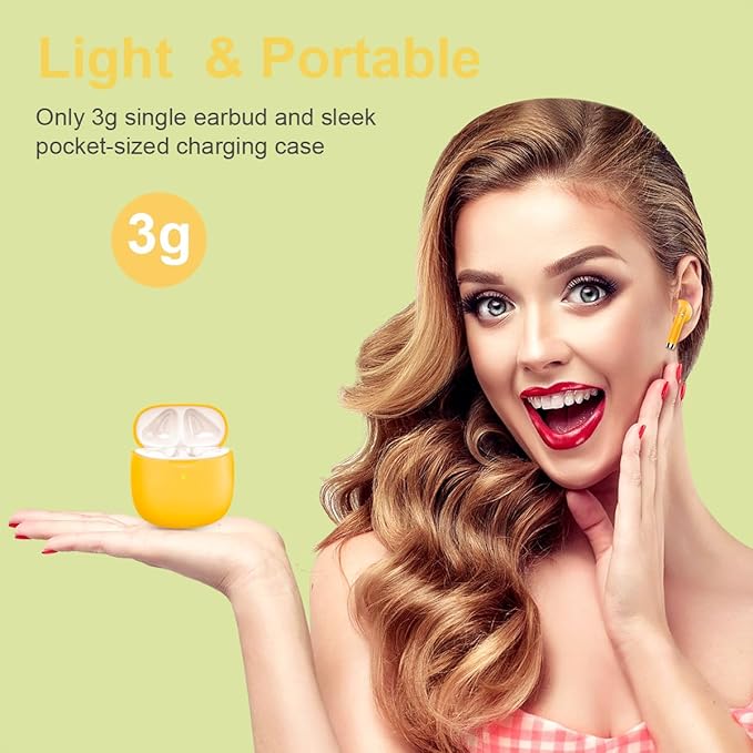 Wireless Earbuds, Bluetooth 5.4 Headphones in Ear with Noise Cancelling Mic, Bluetooth Earbuds Stereo Bass, IP7 Waterproof Sports Earphones, 32H Playtime USB C Charging Ear Buds Yellow for Android iOS