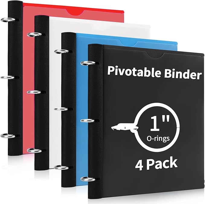 360 Degree Pivotable Binder, Upgraded 3 Ring Binder 1 inch 4 Pack, Flexible Binders 3 Ring, Foldable Three Ring Binders- Black, White, Blue, Red
