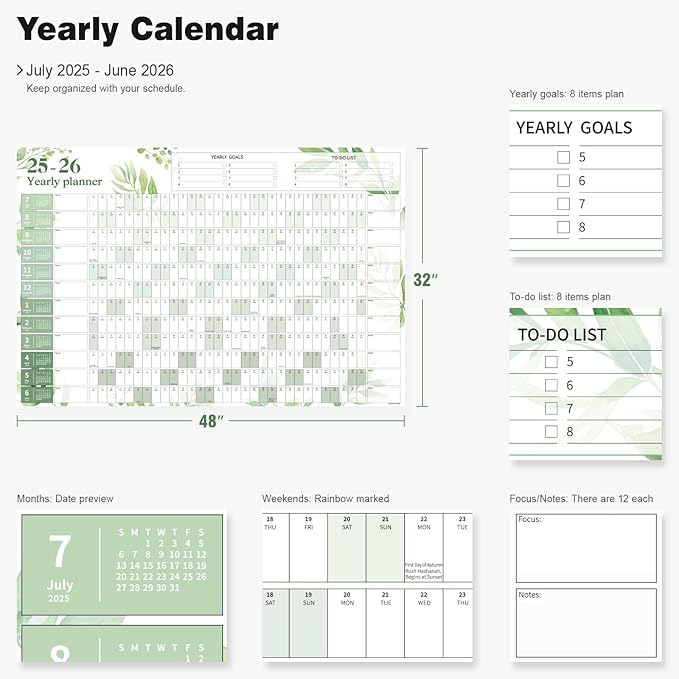Ospelelf Large Wall Calendar 2025-2026 - 32'' x 48'' Dry Erase Calendar for Wall, 12 Month Laminated Calendar for Classroom, Family, Use July 2025 - June 2026 (Leaf)