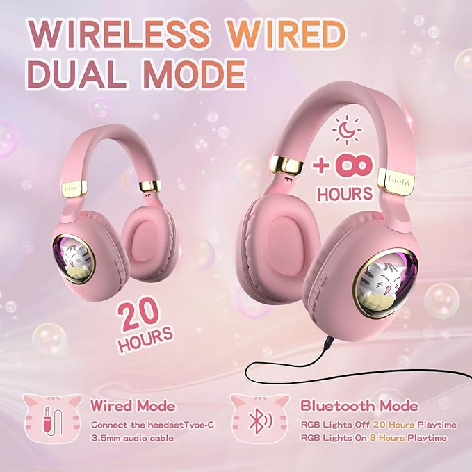 Girls Kids Headphones Wired - Pink Noise Cancelling Wireless Headphones for Kids for School - Over Ear Light Up Foldable Cat Bluetooth Gaming Headset with Microphone for iPad Kindle Tablet PC Travel