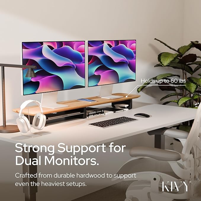 KIVY Dual Monitor Riser With Integrated Metal Shelf [MADE BY HAND] - Wooden Desk Shelf for 2 Monitors - Wide Long Stand for Desk (44 x10x3in - Black)