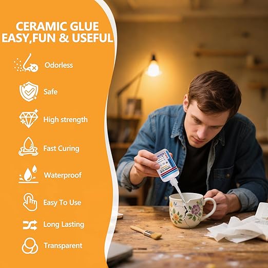Super Glue for Porcelain and Pottery Repair with Anti Clog Cap. 6 x 1 fl oz,CA Glue - Clear Ceramic Repair Adhesivefor Dishes, Tiles, DIY Crafts, Quick Dry