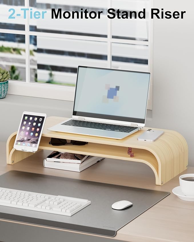 Solid Wood Dual Monitor Stand Riser 2 Tier, 24.1 Inch Desktop Organizer with Phone Holder, Ergonomic Computer Stand, Multifunctional Desk Shelf for Laptop, PC, Printer, Supports Up to 110lbs